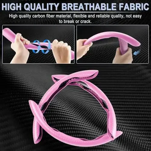 Amiss 3pcs Carbon Fiber Anti-Skid Steering Wheel Cover, Waterproof & Segmented Butterfly Design, Universal 99% Vehicle Wheel Cover Protector, Car Interior Accessories, Pink - 2