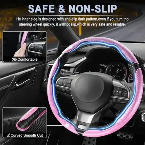 Amiss 3pcs Carbon Fiber Anti-Skid Steering Wheel Cover, Waterproof & Segmented Butterfly Design, Universal 99% Vehicle Wheel Cover Protector, Car Interior Accessories, Pink - 3