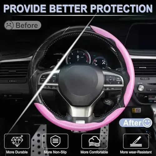 Amiss 3pcs Carbon Fiber Anti-Skid Steering Wheel Cover, Waterproof & Segmented Butterfly Design, Universal 99% Vehicle Wheel Cover Protector, Car Interior Accessories, Pink - 4