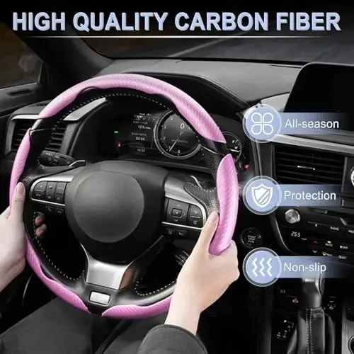 Amiss 3pcs Carbon Fiber Anti-Skid Steering Wheel Cover, Waterproof & Segmented Butterfly Design, Universal 99% Vehicle Wheel Cover Protector, Car Interior Accessories, Pink - 6