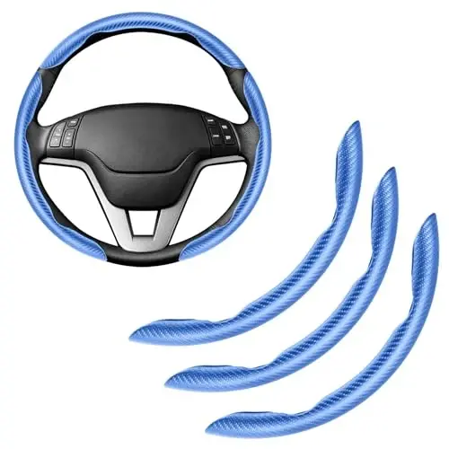 Amiss 3pcs Carbon Fiber Anti-Skid Steering Wheel Cover, Segmented & Butterfly Design, Universal 99% Car Wheel Cover Protector, Blue - AMISS