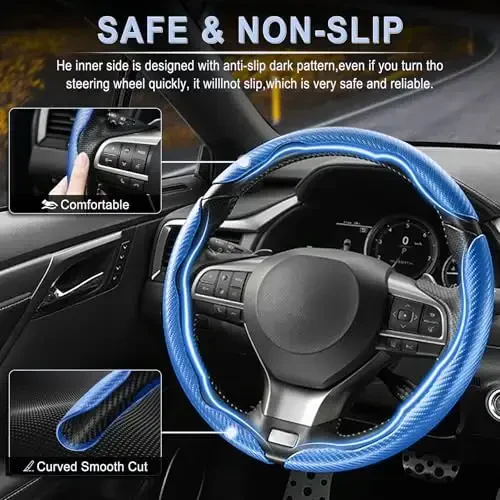 Amiss 3pcs Carbon Fiber Anti-Skid Steering Wheel Cover, Waterproof & Segmented Butterfly Design, Universal 99% Vehicle Wheel Cover Protector, Car Interior Accessories, Blue - 3
