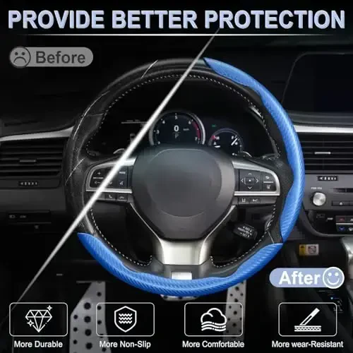 Amiss 3pcs Carbon Fiber Anti-Skid Steering Wheel Cover, Waterproof & Segmented Butterfly Design, Universal 99% Vehicle Wheel Cover Protector, Car Interior Accessories, Blue - 4