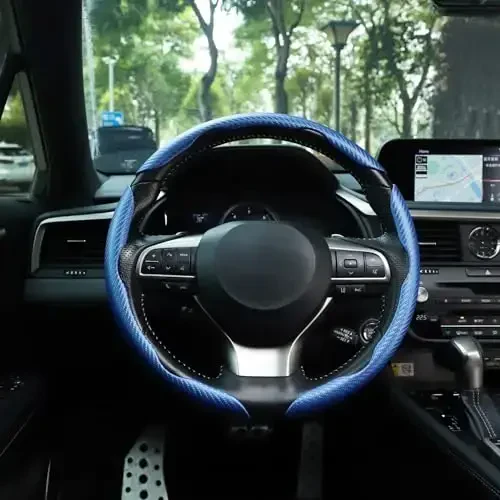 Amiss 3pcs Carbon Fiber Anti-Skid Steering Wheel Cover, Waterproof & Segmented Butterfly Design, Universal 99% Vehicle Wheel Cover Protector, Car Interior Accessories, Blue - 6