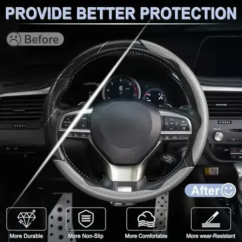 Amiss 3pcs Carbon Fiber Anti-Skid Steering Wheel Cover, Segmented & Butterfly Design, Universal 99% Car Wheel Cover Protector, Grey - 4