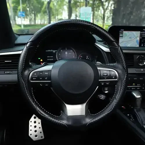 Amiss 3pcs Carbon Fiber Anti-Skid Steering Wheel Cover, Segmented & Butterfly Design, Universal 99% Car Wheel Cover Protector, Black - 6