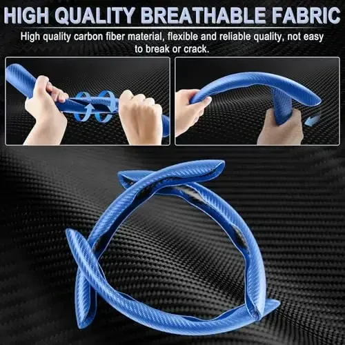 Amiss 3pcs Carbon Fiber Anti-Skid Steering Wheel Cover, Segmented & Butterfly Design, Universal 99% Car Wheel Cover Protector, Blue - 2