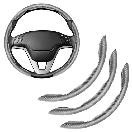Amiss 3pcs Carbon Fiber Anti-Skid Steering Wheel Cover, Segmented & Butterfly Design, Universal 99% Car Wheel Cover Protector, Grey - AMISS