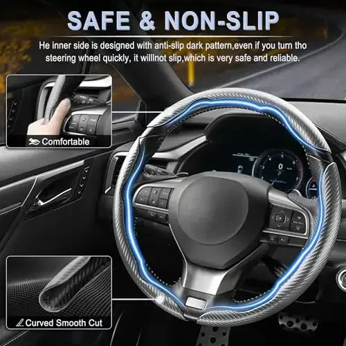 Amiss 3pcs Carbon Fiber Anti-Skid Steering Wheel Cover, Segmented & Butterfly Design, Universal 99% Car Wheel Cover Protector, Grey - 3