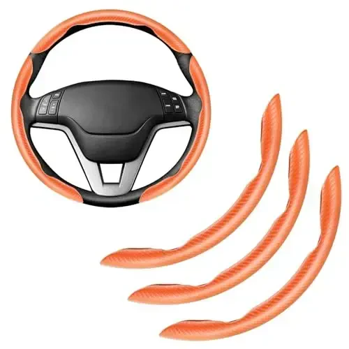 Amiss 3pcs Carbon Fiber Anti-Skid Steering Wheel Cover, Segmented & Butterfly Design, Universal 99% Car Wheel Cover Protector, Orange 