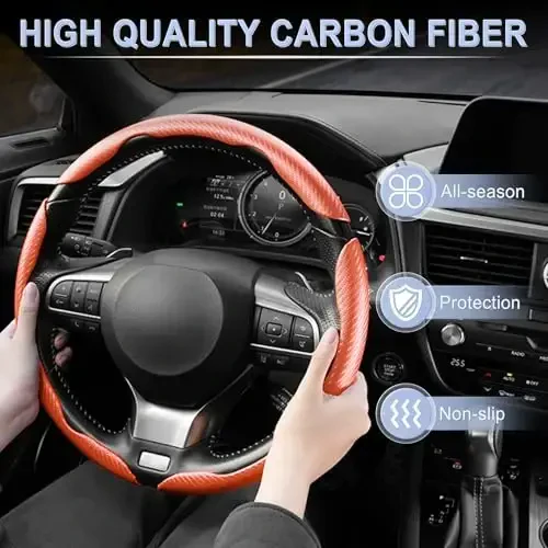 Amiss 3pcs Carbon Fiber Anti-Skid Steering Wheel Cover, Segmented & Butterfly Design, Universal 99% Car Wheel Cover Protector, Orange - 6