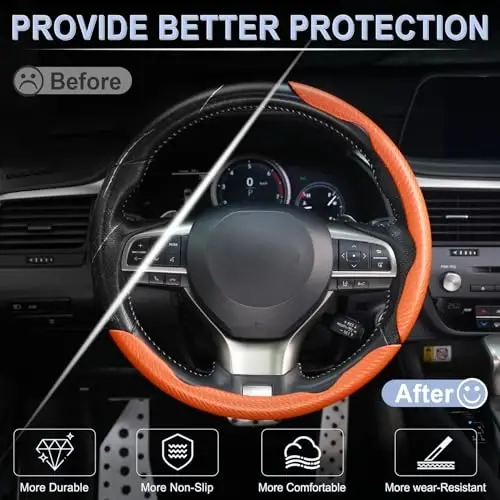 Amiss 3pcs Carbon Fiber Anti-Skid Steering Wheel Cover, Segmented & Butterfly Design, Universal 99% Car Wheel Cover Protector, Orange - 4