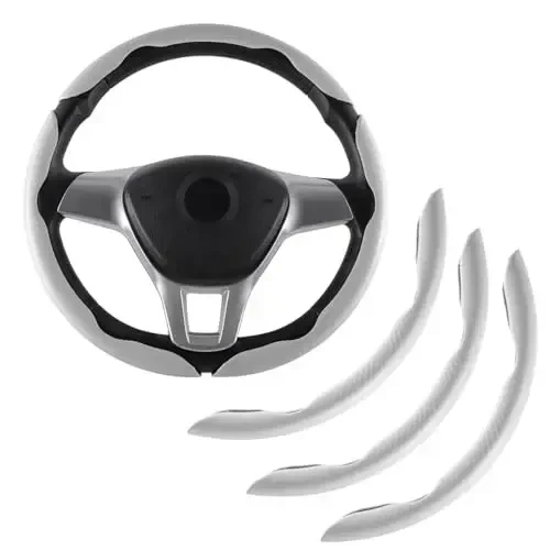 Amiss 3pcs Carbon Fiber Anti-Skid Steering Wheel Cover, Segmented & Butterfly Design, Universal 99% Car Wheel Cover Protector, White 