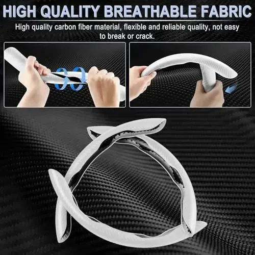 Amiss 3pcs Carbon Fiber Anti-Skid Steering Wheel Cover, Segmented & Butterfly Design, Universal 99% Car Wheel Cover Protector, White - 2