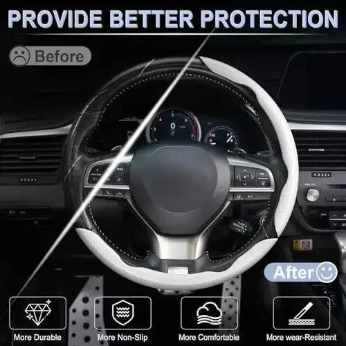 Amiss 3pcs Carbon Fiber Anti-Skid Steering Wheel Cover, Segmented & Butterfly Design, Universal 99% Car Wheel Cover Protector, White - 4