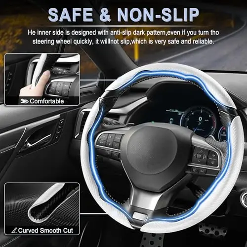 Amiss 3pcs Carbon Fiber Anti-Skid Steering Wheel Cover, Segmented & Butterfly Design, Universal 99% Car Wheel Cover Protector, White - 3