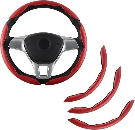 Amiss 3pcs Carbon Fiber Anti-Skid Steering Wheel Cover, Waterproof & Segmented Butterfly Design, Universal 99% Vehicle Wheel Cover Protector, Car Interior Accessories, Red 