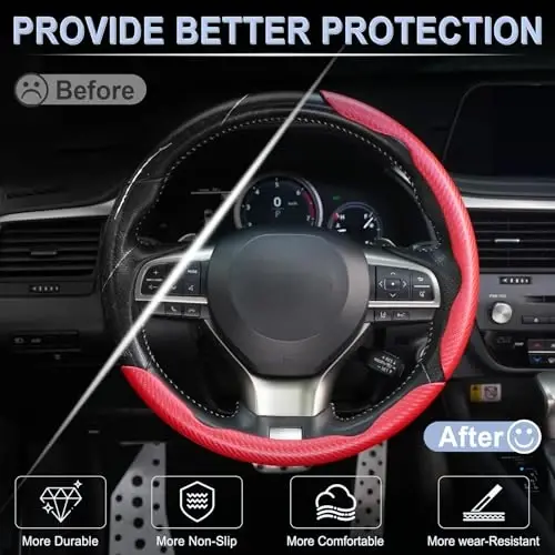 Amiss 3pcs Carbon Fiber Anti-Skid Steering Wheel Cover, Waterproof & Segmented Butterfly Design, Universal 99% Vehicle Wheel Cover Protector, Car Interior Accessories, Red - 4