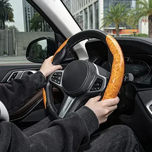 Amiss Car Wood Grain Steering Wheel Cover, Car Interior Accessories, 2PCS Segmented & Butterfly Design, Universal 99% Vehicle Wheel Cover Protector (Yellow) - 6