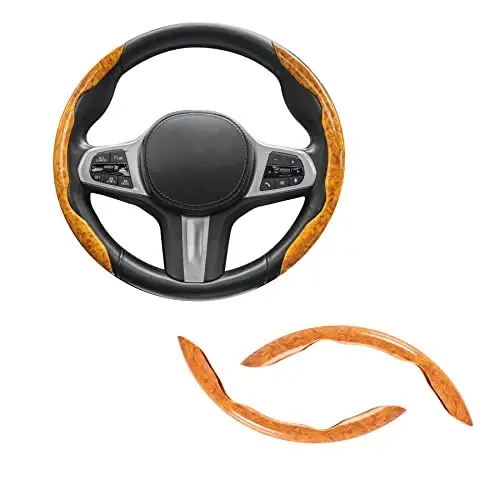 Amiss Car Wood Grain Steering Wheel Cover, Car Interior Accessories, 2PCS Segmented & Butterfly Design, Universal 99% Vehicle Wheel Cover Protector (Yellow) - 1