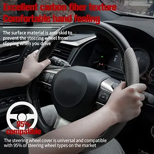 Amiss Car Carbon Fiber Anti-Skid Steering Wheel Cover, Segmented Protector, Butterfly Universal 99% Cover Interior Accessories (Grey) - 2