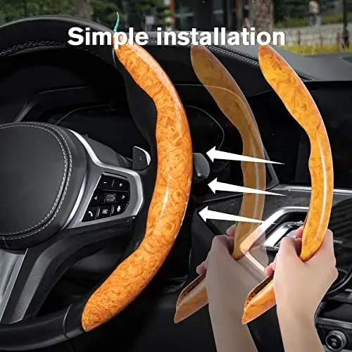 Amiss Car Wood Grain Steering Wheel Cover, Car Interior Accessories, 2PCS Segmented & Butterfly Design, Universal 99% Vehicle Wheel Cover Protector (Yellow) - 4