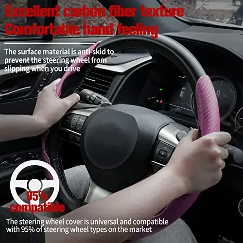 Amiss Carbon Fiber Anti-Skid Steering Wheel Cover, Universal 99% Car Wheel Cover Protector, Pink - 2