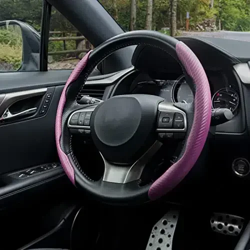 Amiss Carbon Fiber Anti-Skid Steering Wheel Cover, Universal 99% Car Wheel Cover Protector, Pink - 6