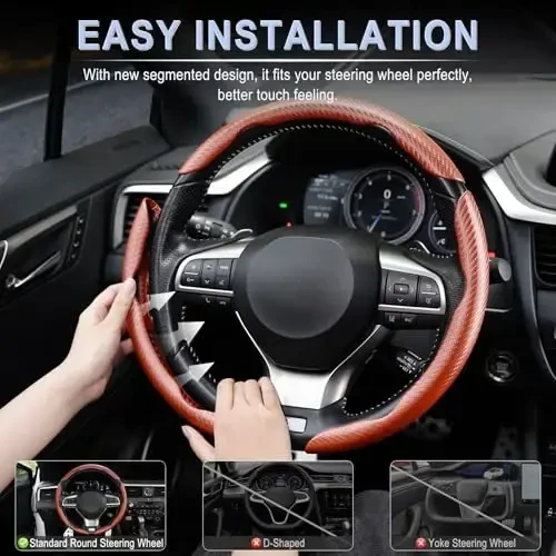 Amiss 3pcs Carbon Fiber Anti-Skid Steering Wheel Cover, Waterproof & Segmented Butterfly Design, Universal 99% Vehicle Wheel Cover Protector, Car Interior Accessories, Champagne - 6