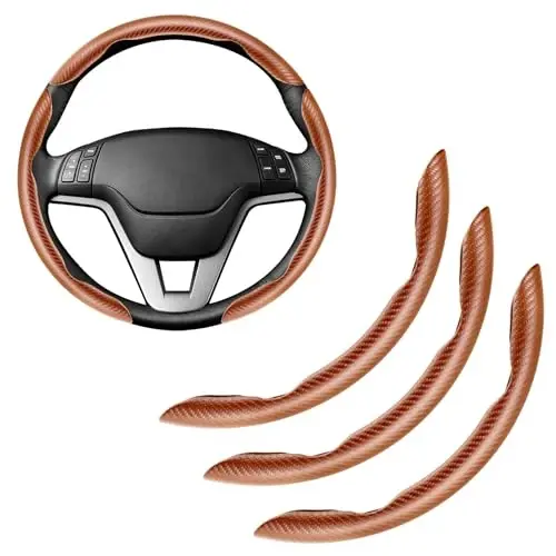 Amiss 3pcs Carbon Fiber Anti-Skid Steering Wheel Cover, Waterproof & Segmented Butterfly Design, Universal 99% Vehicle Wheel Cover Protector, Car Interior Accessories, Champagne - 1