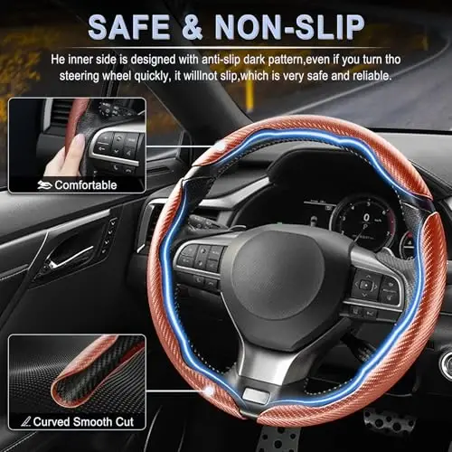 Amiss 3pcs Carbon Fiber Anti-Skid Steering Wheel Cover, Waterproof & Segmented Butterfly Design, Universal 99% Vehicle Wheel Cover Protector, Car Interior Accessories, Champagne - 3