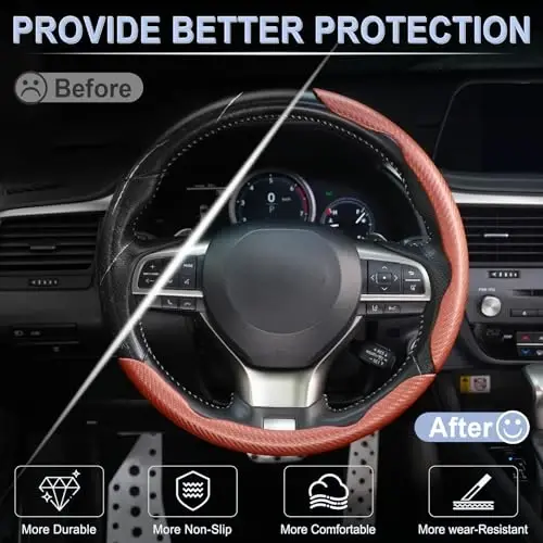 Amiss 3pcs Carbon Fiber Anti-Skid Steering Wheel Cover, Waterproof & Segmented Butterfly Design, Universal 99% Vehicle Wheel Cover Protector, Car Interior Accessories, Champagne - 4