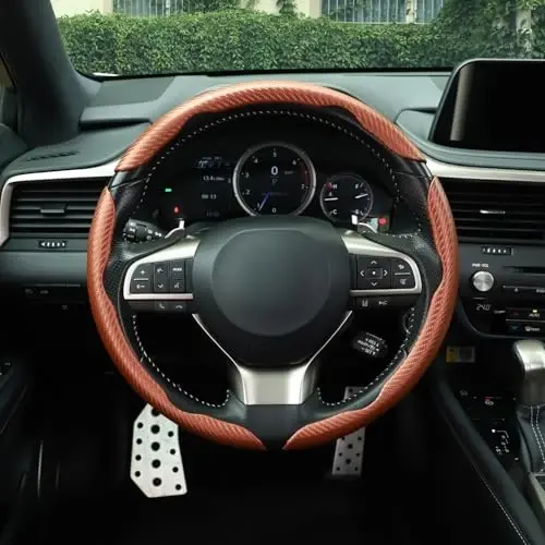 Amiss 3pcs Carbon Fiber Anti-Skid Steering Wheel Cover, Waterproof & Segmented Butterfly Design, Universal 99% Vehicle Wheel Cover Protector, Car Interior Accessories, Champagne - 5
