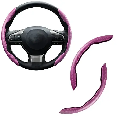 Amiss 3pcs Carbon Fiber Anti-Skid Steering Wheel Cover, Waterproof & Segmented Butterfly Design, Universal 99% Vehicle Wheel Cover Protector, Car Interior Accessories (Pink) - 1