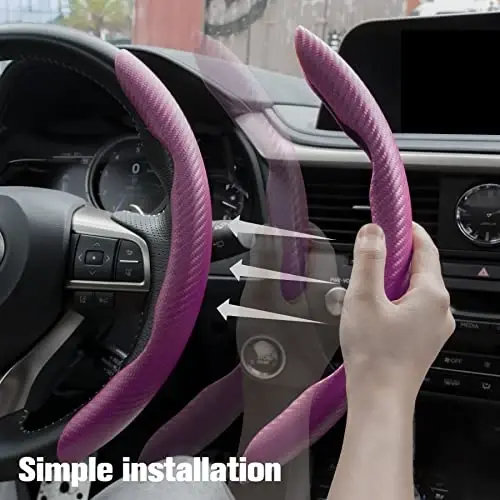 Amiss 3pcs Carbon Fiber Anti-Skid Steering Wheel Cover, Waterproof & Segmented Butterfly Design, Universal 99% Vehicle Wheel Cover Protector, Car Interior Accessories (Pink) - 4