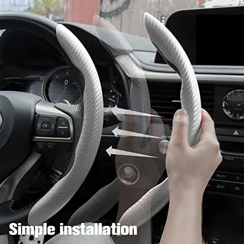 Amiss 2pcs Carbon Fiber Anti-Skid Steering Wheel Cover, Waterproof & Segmented Butterfly Design, Universal 99% Vehicle Wheel Cover Protector, Car Interior Accessories (White) - 4