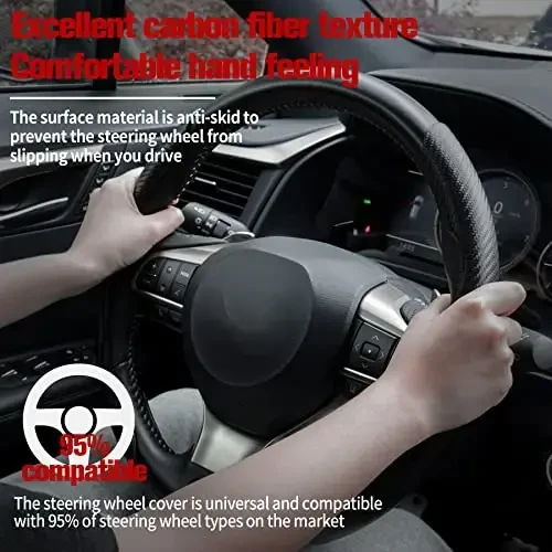 Amiss Carbon Fiber Anti-Skid Steering Wheel Cover, Universal Fit, 14.3 Inches, Black - 2