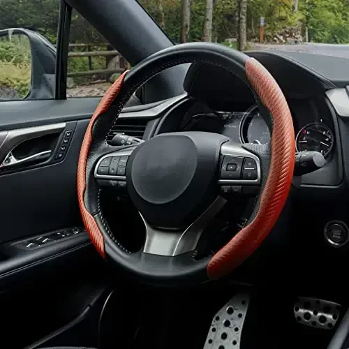 Amiss Carbon Fiber Anti-Skid Steering Wheel Cover, Universal 99% Car Wheel Cover Protector, Orange - 6