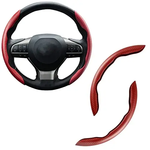 Amiss 2pcs Carbon Fiber Anti-Skid Steering Wheel Cover, Waterproof & Segmented Butterfly Design, Universal 99% Vehicle Wheel Cover Protector, Car Interior Accessories (Red) - AMISS