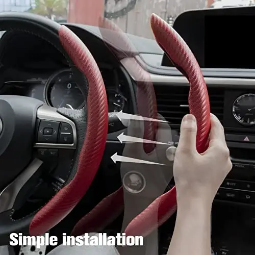 Amiss 2pcs Carbon Fiber Anti-Skid Steering Wheel Cover, Waterproof & Segmented Butterfly Design, Universal 99% Vehicle Wheel Cover Protector, Car Interior Accessories (Red) - 4
