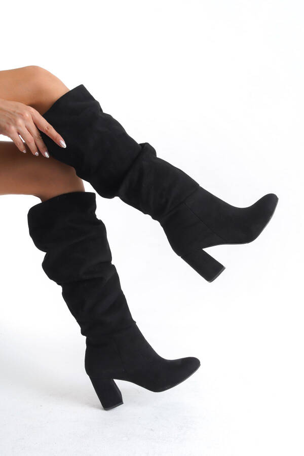 Amora Black Suede Women's Knee-High Oval Toe Pleated Boots - 1