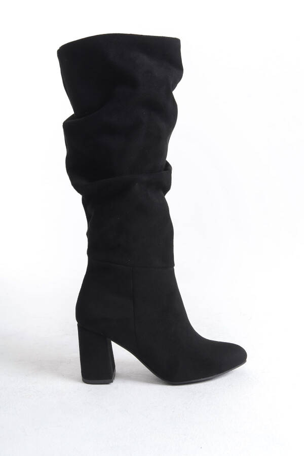 Amora Black Suede Women's Knee-High Oval Toe Pleated Boots - 2