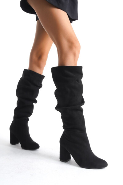 Amora Black Suede Women's Knee-High Oval Toe Pleated Boots - 4