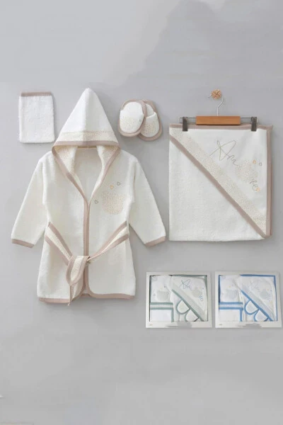 Amore Ayı Kafalı Gaye Bebek Havlu Bornoz Seti Organik - Bebek Doğum Hediyesi-Kahverengi - Modazone (1)