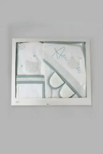 Amore Bear Headed Happy Baby Towel Bathrobe Set Organic - Baby Shower Gift-Green - 3