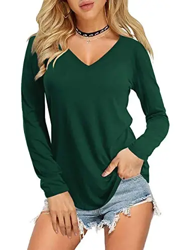 Amoretu Womens T Shirts V Neck Short Sleeve Tshirt Basic Tee Curved Hem Tops 