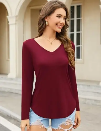 Amoretu Womens T Shirts V Neck Short Sleeve Tshirt Basic Tee Curved Hem Tops - 2