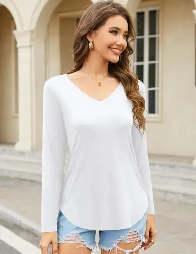 Amoretu Womens T Shirts V Neck Short Sleeve Tshirt Basic Tee Curved Hem Tops - 2