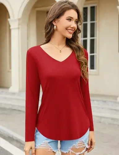 Amoretu Womens T Shirts V Neck Short Sleeve Tshirt Basic Tee Curved Hem Tops - 2