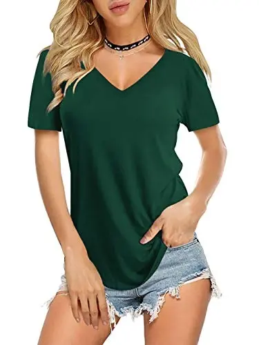 Amoretu Womens T Shirts V Neck Short Sleeve Tshirt Basic Tee Curved Hem Tops - AMORETU